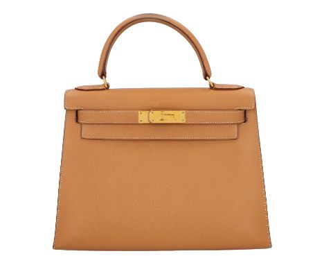 HERMÈS VINTAGE Henkeltasche "KELLY BAG 28 SELLIER", Koll.: 1993. Epsom Leder in Hellbraun mit vergoldeter Hardware, Riemenver