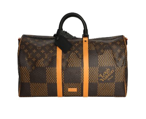 LOUIS VUITTON Weekender "KEEPALL BAND. 50". Virgil Abloh x NIGO. Koll. 2020. Damier Ebene Giant mit schwarzer Hardware und De