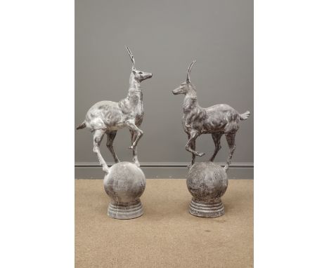 Pair cast metal garden stags on spherical mounts, figures/gate post finials, H91cm
