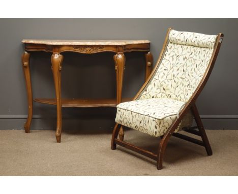 Reproduction carved beech console table with shaped marble top, (W101cm, H74cm, D36cm) and an oak folding 'ATCRAFT' nursing c