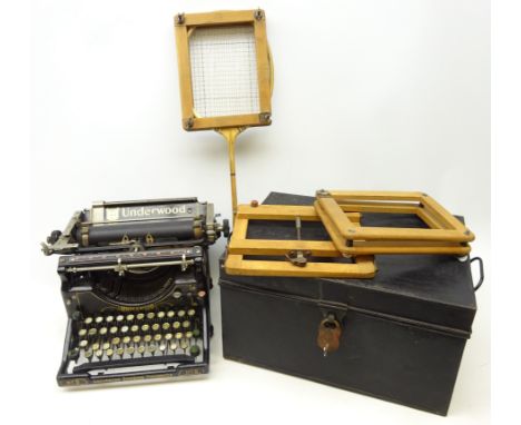 Underwood manual typewriter, black Japanned tin deed box W41cm, vintage badminton racquet and three racquet presses (6) Condi