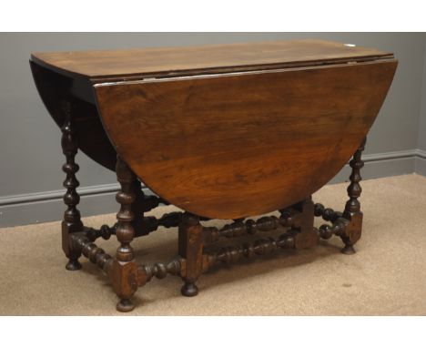 Early 20th century oak drop leaf table, gate action base, bobbin turned supports and stretchers, turned feet, W107cm, H72m, L