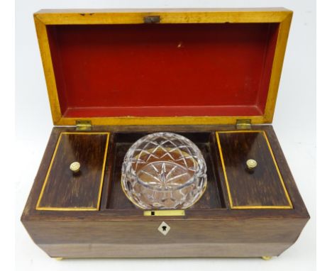 19th century rosewood sarcophagus shaped tea caddy, mask ring handles and fitted interior, with later blending bowl Condition