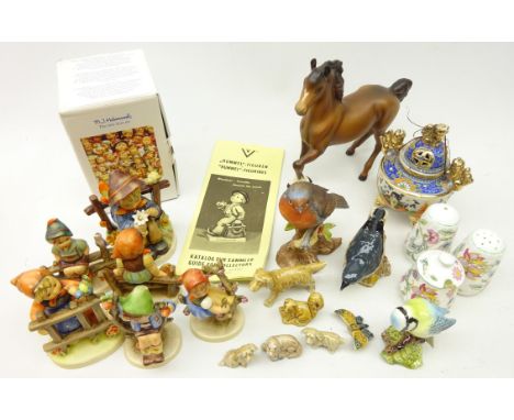 Six Goebel Hummel figures, one boxed, Beswick matt finish horse, two Beswick birds, Minton 'Haddon Hall' condiment set etc Co