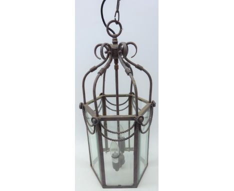 Hanging hall lantern, painted metal frame with six glass panels, H57cm of body of the lantern Condition Report Click here for