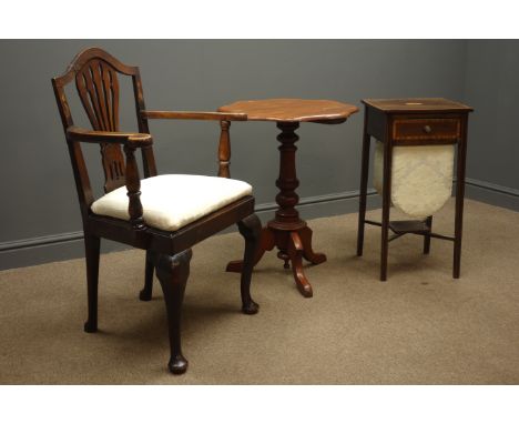 20th century mahogany and satinwood banded work table, with single drawer and cream Damask fabric bag beneath, square taperin