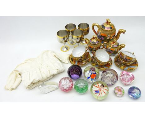 Collection of ten glass paperweights, a Japanese 15-piece tea service with lithophane panels and a Victorian child's white li