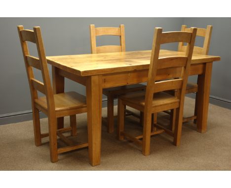 Rectangular pine table, square tapering supports, (W86cm, H80cm, L153cm), with four beech ladder back chairs. Condition Repor