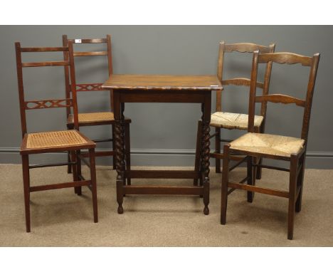 Early 20th century oak side table with barley twist supports (W62cm, H73cm, D38cm), two oak chairs with ladder back and two w