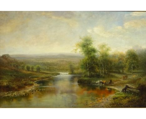 Cattle Watering, 20th century oil on canvas signed K Adams 59cm x 89cm Condition Report Click here for further images, condit