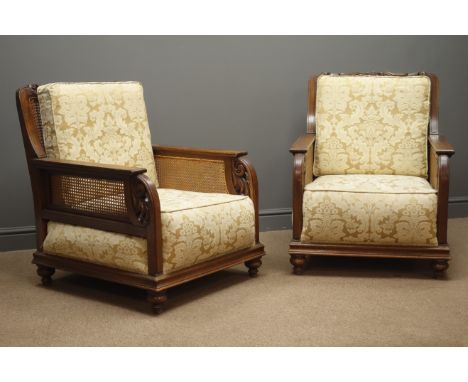 Early 20th century bergere lounge suite; three seats sofa (W170cm, D84cm), pair matching armchairs (W71cm), with scrolled aca