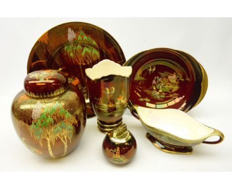 Six pieces of Carlton Ware Rouge Royale with enamelled and gilt Chinoiserie decoration comprising ginger jar, dishes, plate, 