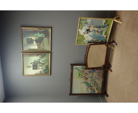 Early 20th century mahogany swing toilet mirror, two tapestry fire-screens largest H85cm and a pair of framed prints of inter