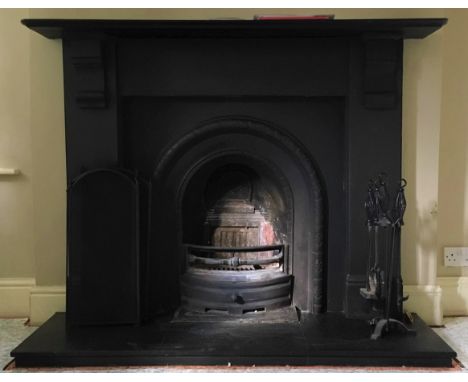 19th century cast iron fire inset, arched aperture floral moulded decoration, with slate surround and hearth, W152cm, D46cm, 