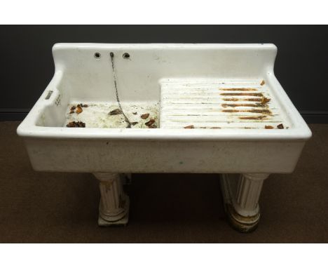 Victorian white enamel sink with drainer on oval twin column base, W123cm, H100cm, D62cm Condition Report Click here for furt