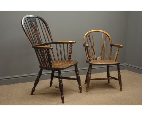 19th century elm and ash double bow Windsor armchair, stick and pierced splat, four turned supports and a 19th century elm an