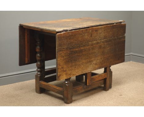 19th century oak drop leaf table, gate action, bobbin turned supports, W130cm, H70cm, L92cm, (maximum size measurements) Cond