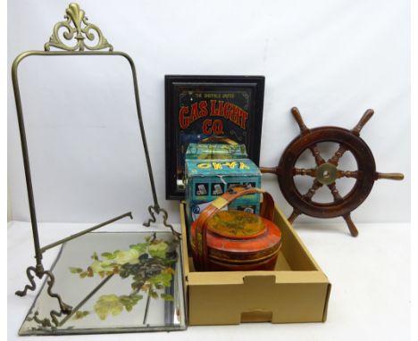 Small hardwood ships wheel, Chinese lacquered wooden rice carrier, framed pub mirror, boxed Yano talking toy and Art Nuevo fi