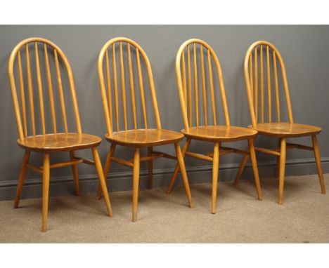 Set of four vintage ercol style beech and elm chairs, stick and hoop back, turned splayed supports Condition Report Click her