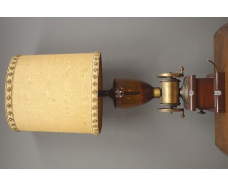 Novelty table lamp in the form of a mahogany and brass coffee grinder with Hessian shade, H99cm overall  Condition Report Cli