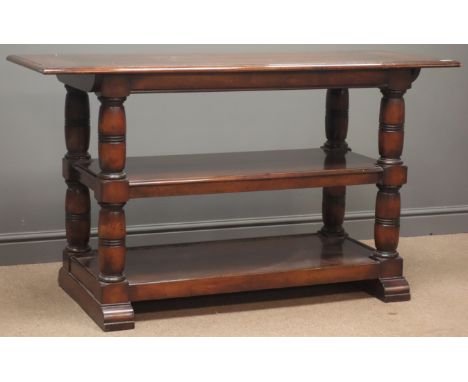 Mahogany three tier console table, four turned supports two sledge feet, W55cm, H81cm, L143cm Condition Report Click here for