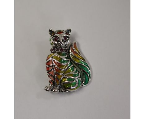 Silver enamel cat brooch