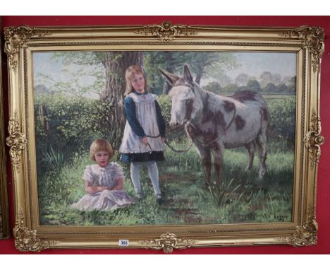 Large oil on canvas - Girls with Donkey signed R Kitchen - Image size: 105.5cm x 70cm