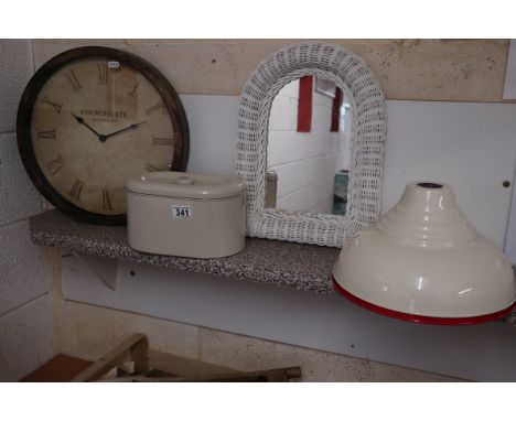 Clock, mirror, 2 light shades &amp; tin