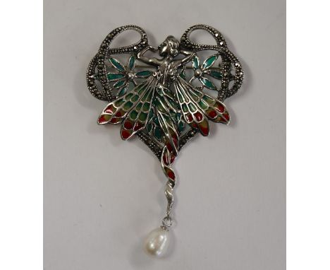 Silver &amp; champlevé enamel Art Nouveau style pendant brooch