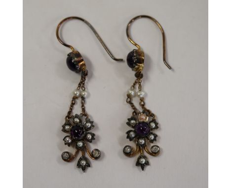 Pair of amethyst, pearl &amp; diamond set earrings