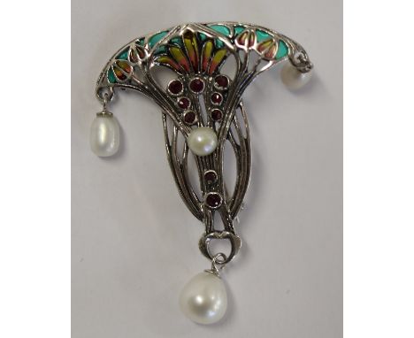Silver enamel stone set brooch