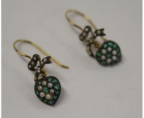 Pair of emerald, pearl &amp; diamond earrings