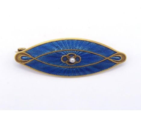 A blue guilloche enamel and seed pearl brooch, the navette shaped brooch with small pearl to the centre, stamped '14k' verso,