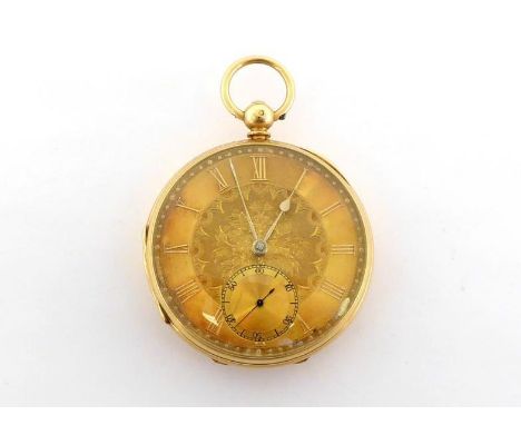 A Victorian 18 carat gold open faced pocket watch, the three piece case hallmarked London 1871, maker's mark 'HR' incuse, the