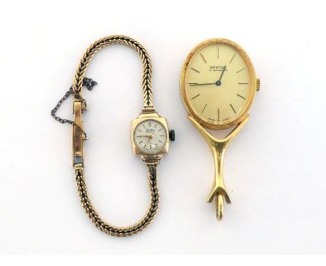 A 1950s lady's 9 carat gold manual wind wristwatch, with 9 carat gold braid link strap, 10.9gms, together with a Montine gilt