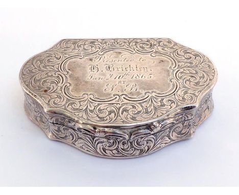 A Victorian silver escutcheon-form snuff box by David Pettifer, Birmingham, 1851, engraved all over with foliate scrolls, cen