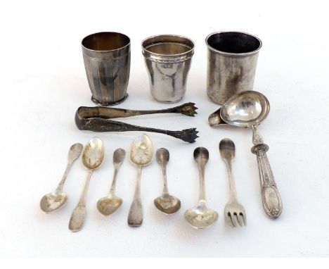 A group of French silver comprising:- a plain beaker inscribed "LB", 1819/38; another, circa 1920, with vertical reeded bands