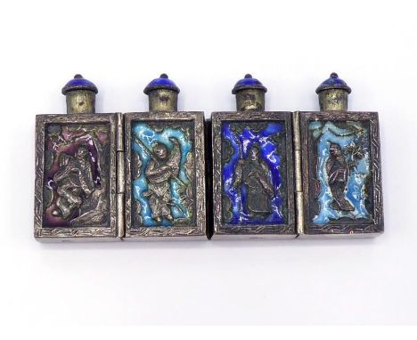 A Chinese silver and enamel quatrefoil snuff bottle, one side decorated with figures and four different colour enamels, the o