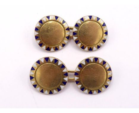 A pair of French 18 carat gold and enamel cufflinks, the circular links with blue and white dart border, 13mm diameter, the c