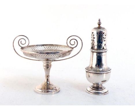 A silver sweet tazza on pedestal foot, by Walker & Hall, Sheffield, 1911, with pierced diaperwork sides and scroll handles, 1