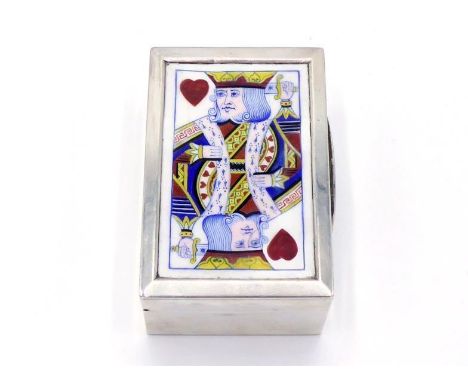 A Victorian silver card box by William Wright and Frederick Davies, London, 1887, cover enamelled with the King of Hearts, gi