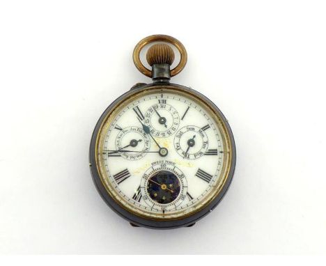 A late 19th century gun metal open faced pocket watch with calendar and moonphase, the white enamel dial with black Roman num