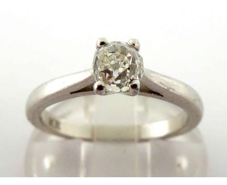 A single stone diamond ring, the mine cut approx. 0.50 carat, mounted in platinum, fully hallmarked, finger size M, 4.7gms CO