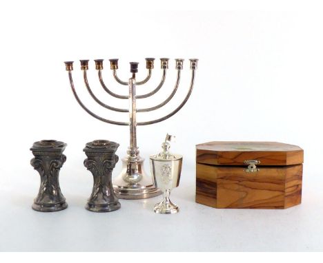 Judaica:- a white metal goblet-form spice container with flag finial stamped "925 sterling", applied with flowers to sides; a