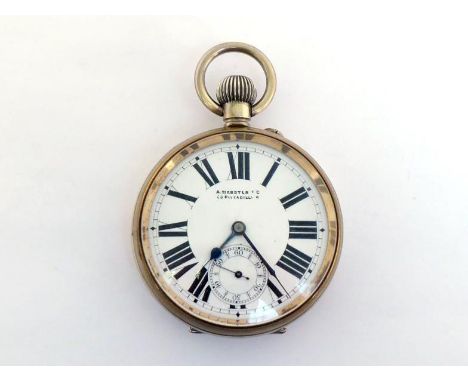 An early 20th century chrome plated oversized 'Goliath' open faced pocket watch, the white enamel dial with black Roman numer