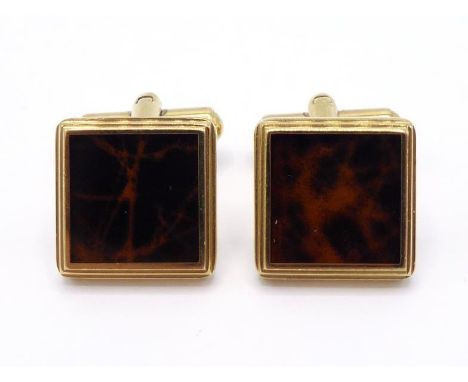 Dunhill, a pair of gold plated and enamel cufflinks, the square brown marbled enamel links 14 x 14mm, signed verso, to swivel