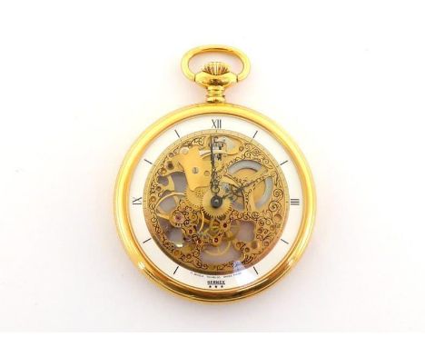 A gilt metal skeleton pocket watch by BERNEX, the white enamel chapter ring with black Roman numerals, with Louis XV hands, t