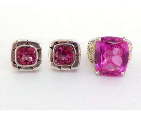 A synthetic pink sapphire dress ring by John Hardy, the large rectangular cushion cut stone 18 x 15mm, to ornate open work tw