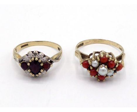 Two 9 carat gold and gem set rings, the first set with coral and split (cultured) pearls, finger size O/P; the second set wit