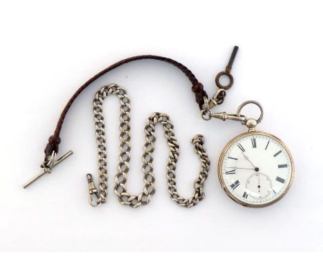 A white metal open faced pocket watch, the white enamel dial with black Roman numerals, Breguet hands, and subsidiary seconds